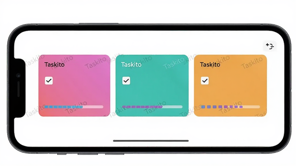 Taskito 卡片看板功能展示图,画面中一部手机横屏放置,屏幕内显示三张不同颜色的任务卡片,卡片上有‘Taskito’小字水印,卡片内包含复选框和进度条,背景为纯白极简风格,主体突出,布局居中,画质清晰,干净无杂乱