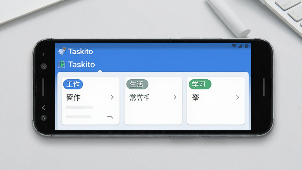 Taskito 软件主界面预览图,画面中央展示一部安卓手机,屏幕内呈现蓝白配色的任务看板,上方有‘Taskito’文字标识,下方排列着三张任务卡片,分别标注‘工作’‘生活’‘学习’标签,背景为淡灰色桌面,整体风格简洁明快,细节清晰,画质干净,无多余元素