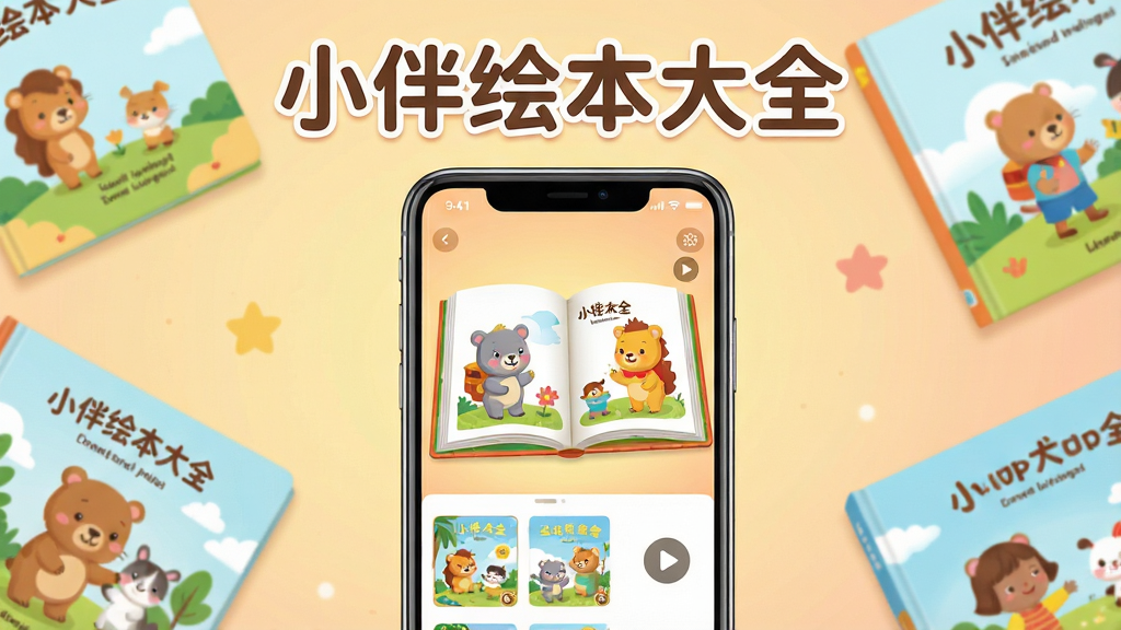 一张展示小伴绘本大全软件核心全貌的场景图,主体为一部智能手机屏幕显示儿童绘本阅读界面,屏幕中有色彩鲜艳的卡通动物角色和翻开的绘本页面,手机周围散落几本实体儿童绘本作为点缀,布局采用居中构图手机为视觉焦点,背景为柔和的暖色调渐变,风格为清新卡通插画风,细节包括手机界面中可见绘本封面缩略图与播放按钮图标,画面干净整洁无多余元素,文字内容为软件名称“小伴绘本大全”以圆润字体出现在画面顶部,画质为高清2K级别,整体氛围温馨适合儿童阅读主题