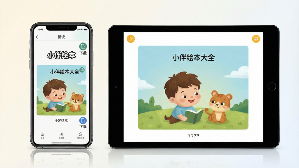 一幅展示小伴绘本大全离线缓存功能的生图,主体为一部手机和一部平板并排展示同一绘本内容,手机竖屏显示阅读界面平板横屏显示相同页面,布局采用对称式构图两设备居中并列,风格为产品展示风格,细节包括手机和平板屏幕中均可见“小伴绘本大全”字样和已下载标识,背景为简洁的浅色渐变,画面干净无多余装饰,画质高清