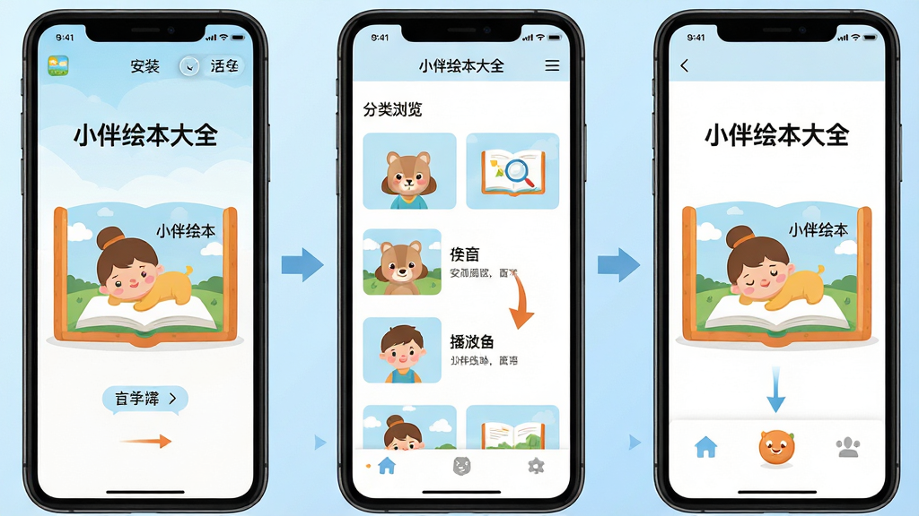 一幅展示小伴绘本大全在手机端操作流程的示意图,主体为三部手机依次排列分别显示安装界面、分类浏览界面和绘本播放界面,布局采用横向等距排列形成步骤引导感,风格为扁平化科技插画风格,细节包括每部手机屏幕中清晰可见“小伴绘本大全”字样和对应操作指示箭头,背景为浅蓝色渐变,画面干净无多余元素,画质高清