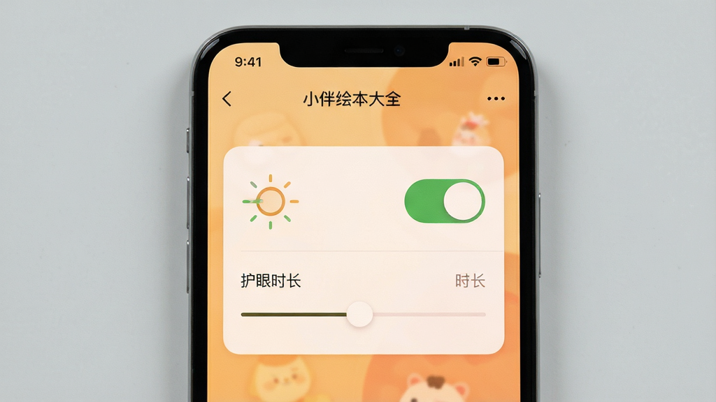 一幅展示小伴绘本大全护眼模式与时长管理界面的生图,主体为手机屏幕特写显示设置面板中有护眼开关按钮和时长滑块控件,布局采用正面平视角度手机居中放置,风格为简洁现代的移动端UI风格,细节包括屏幕顶部状态栏显示“小伴绘本大全”名称和暖色调屏幕效果,背景为纯色浅灰桌面无其他干扰物,画面干净整洁,画质高清