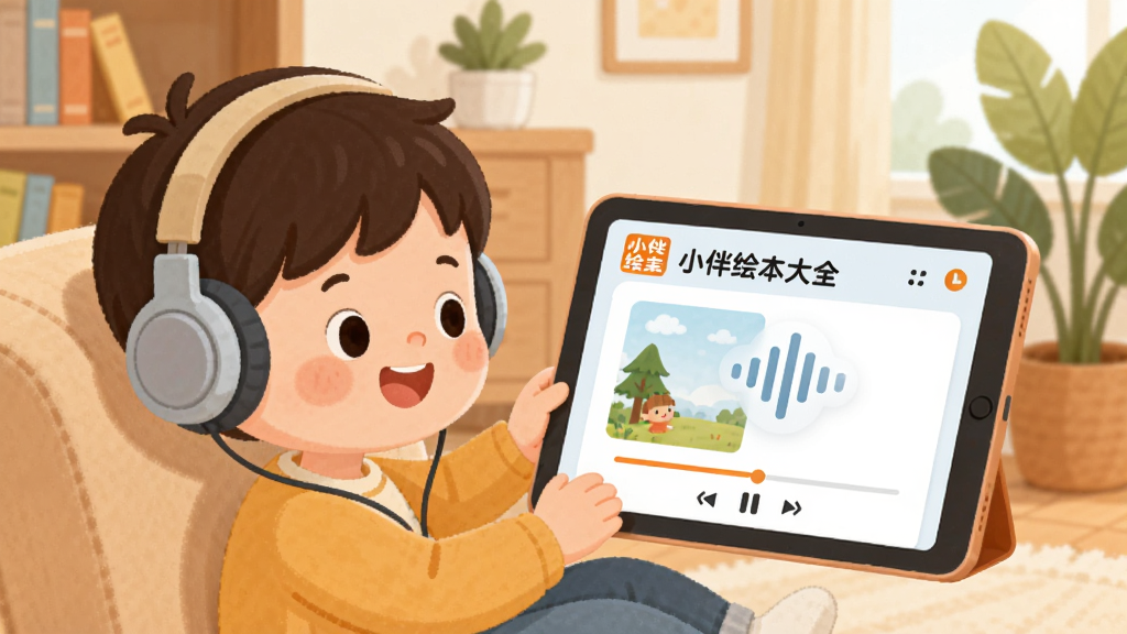 一幅描绘小伴绘本大全有声伴读功能的生图,主体为一个卡通形象的小男孩戴着耳机坐在沙发上手持平板电脑,平板屏幕中显示打开的绘本页面和声波图标,布局采用三分法构图人物偏左侧屏幕偏右侧,风格为温暖治愈的儿童插画风格,细节包括屏幕中可见“小伴绘本大全”标识和播放进度条,背景为居家客厅环境有书架和绿植点缀,画面干净无多余元素,画质高清柔和