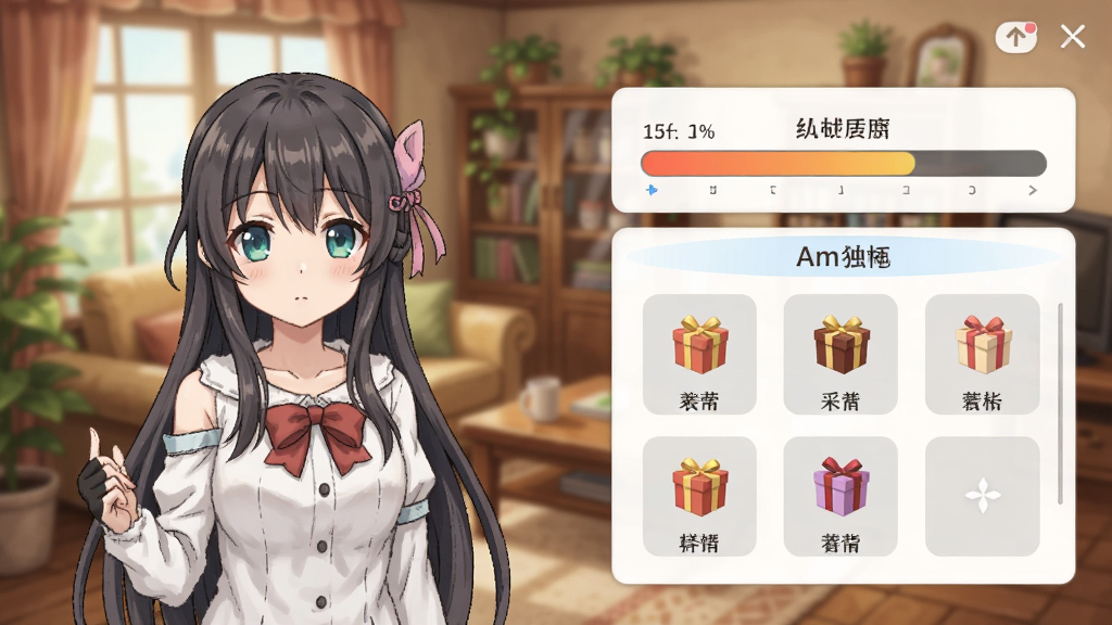 Amai Simulator角色养成界面展示,画面左侧是角色立绘,右侧是好感度进度条和礼物选择面板,背景为温馨的室内场景,日系动漫风格,色彩清新,布局清晰,画质细腻干净无多余元素