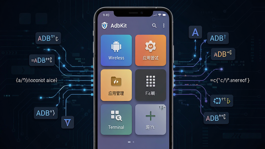 一张展示安卓手机屏幕的图片,屏幕中央显示 AdbKit 软件的界面,界面包含多个功能卡片如无线调试、应用管理、文件管理、终端命令等,手机周围环绕着代表数据流的线条和 ADB 指令代码符号,背景为深色科技风格,布局简洁清晰,排版为手机正面居中展示,风格为现代扁平化科技感,细节包括图标阴影和渐变背景,画质高清,干净,无多余元素
