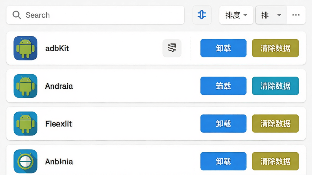 AdbKit 应用管理界面截图,列表展示多个安卓应用图标和名称,每个应用右侧有冻结、卸载、清除数据按钮,界面顶部有搜索框和排序选项,布局为垂直列表,风格为清爽的卡片式设计,细节包括应用图标彩色和按钮高亮状态,画质高清,干净,无多余元素