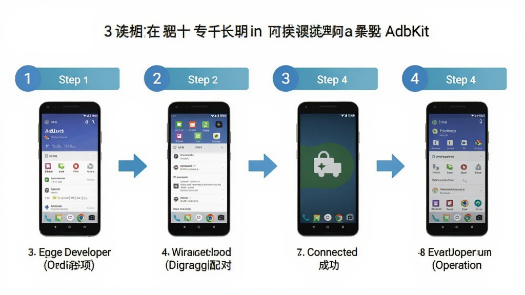 一张信息图,展示 AdbKit 在安卓手机上的使用步骤,包括开启开发者选项、无线调试配对、连接成功、执行操作四个步骤,每一步配有手机界面小图和简要文字说明,布局为横向流程图,风格为简洁商务扁平化,细节包括步骤序号和箭头连接,画质清晰,干净,无多余元素