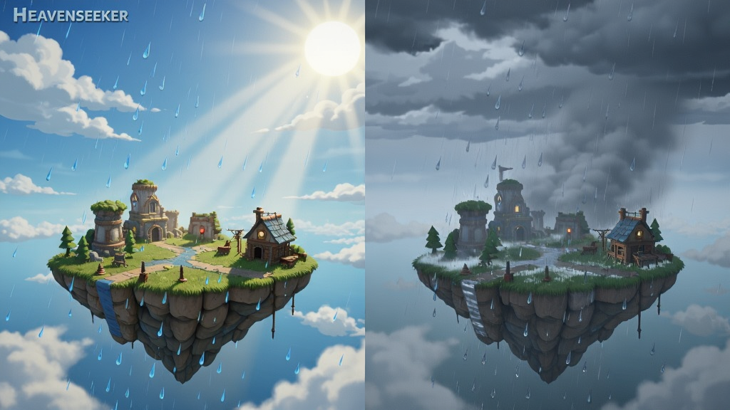 HEAVENSEEKER游戏内动态天气场景,画面中同时呈现晴天与雨雾两种天气对比,主体为同一片浮空区域在两种天气下的不同样貌,布局为左右对比构图,风格为游戏场景概念图,细节包括雨滴粒子、阳光光束、云层厚度差异,画质高清干净无多余元素