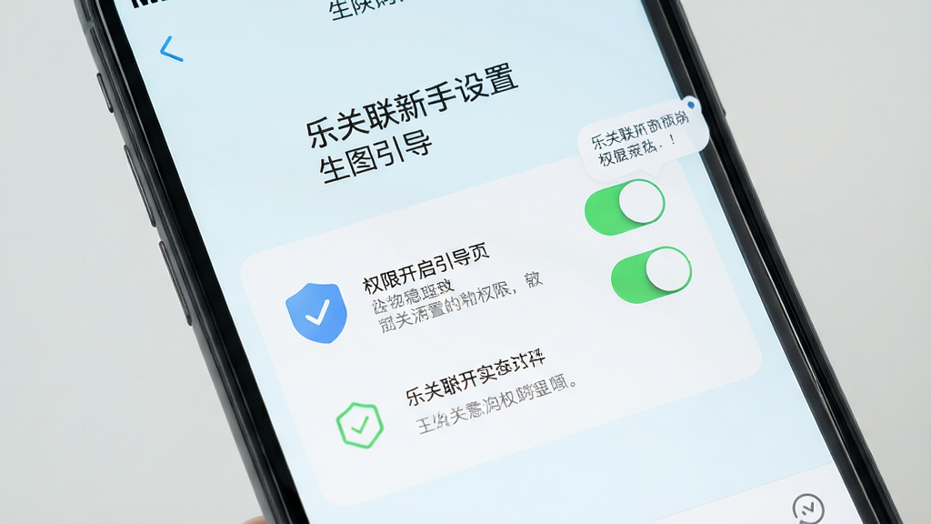 生图提示词:乐关联新手设置界面,手机屏幕显示权限开启引导页,布局为上下结构,排版有开关按钮和说明文字,风格为清新浅色,细节有权限图标和提示气泡,画质高清,干净,无多余元素