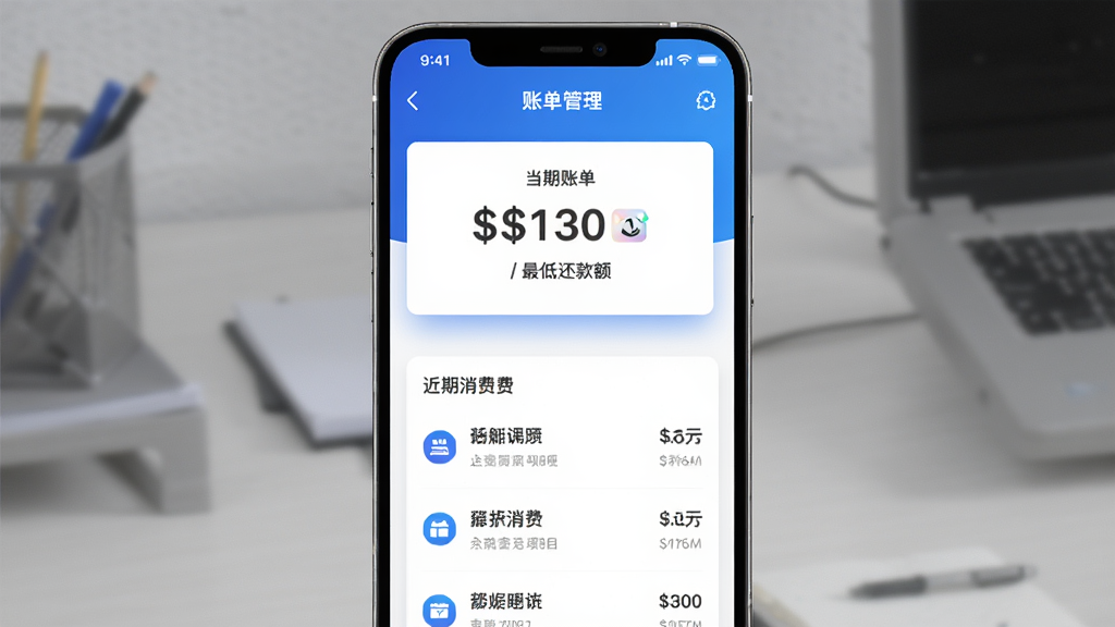 手机屏幕展示买单吧app的账单管理页面,页面中央显示当期账单金额和最低还款额,下方列出近期消费明细,界面采用蓝色渐变背景,白色卡片式布局,图标精致,整体风格商务简洁,画质高清,无多余装饰