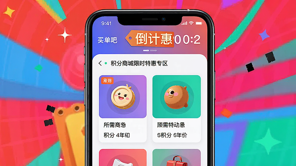 买单吧app积分兑换攻略示意图,手机屏幕显示积分商城限时特惠专区,页面中有多个商品卡片标注所需积分和原价,顶部有倒计时标签,整体设计吸引眼球,色彩鲜明,画质清晰,无多余元素