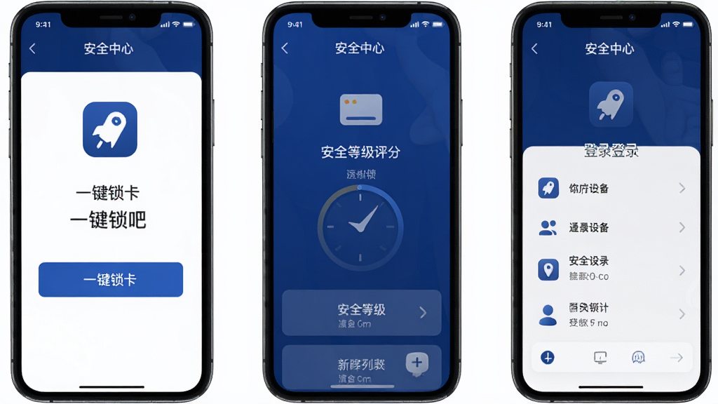 买单吧app安全中心界面,页面显示一键锁卡按钮、安全等级评分、最近登录设备列表,界面设计以深蓝色为主,图标风格统一,布局清晰,画质干净,无多余装饰