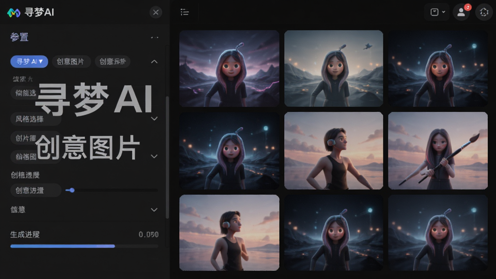 主体为寻梦AI图片构思功能界面,布局为左侧参数设置栏与右侧图片预览网格,排版采用左右分栏结构,风格为暗色系专业创作工具风格,细节包括风格选择标签与生成进度条,画面中文字标注“寻梦AI”与“创意图片”,画质高清,干净,无多余元素