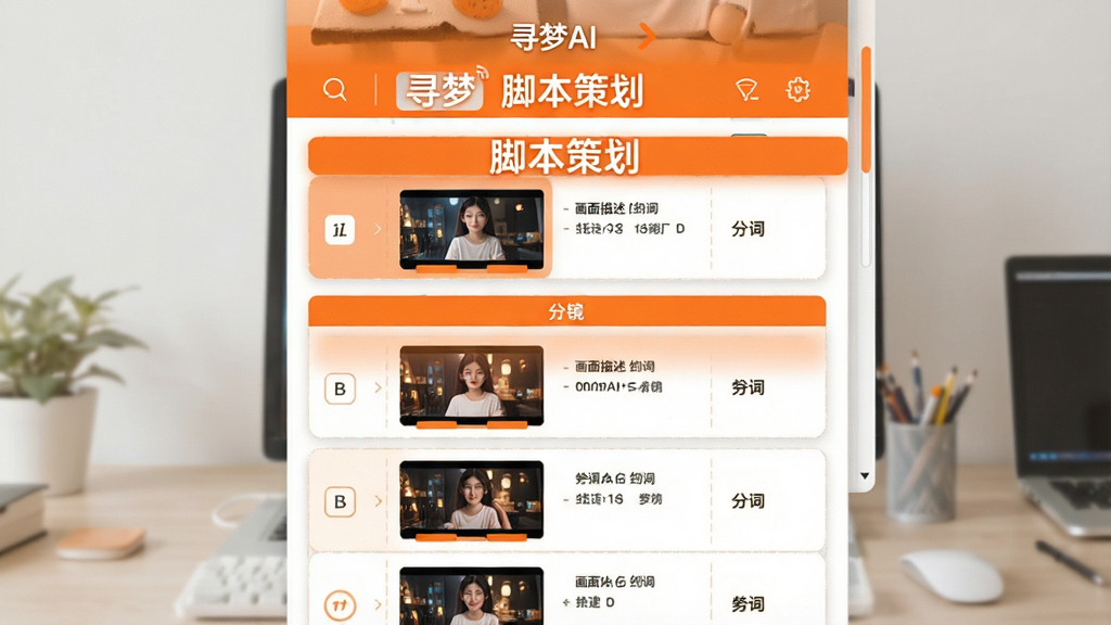 主体为寻梦AI短视频脚本策划页面,布局为顶部类型选择与下方分镜表格,排版采用垂直滚动列表形式,风格为活力橙色调扁平设计,细节包括镜头编号、画面描述与台词栏目,画面中文字标注“寻梦AI”与“脚本策划”,画质高清,干净,无多余元素