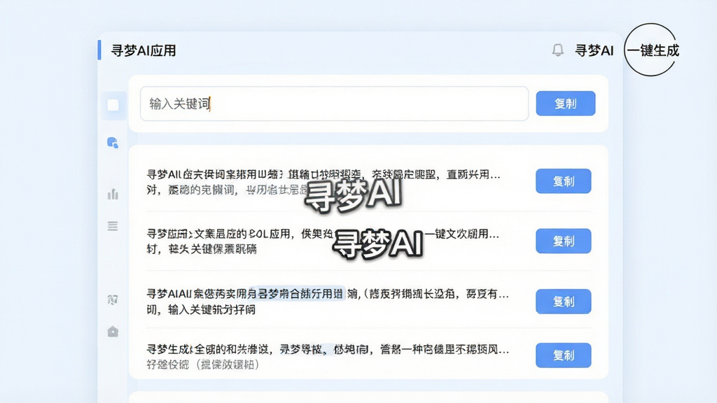 主体为寻梦AI应用内的文案生成界面,布局为上方输入框与下方结果展示区,排版采用卡片式分层设计,风格为清新浅色系UI,细节包括输入框内显示“输入关键词”字样,结果区展示多段文字与复制按钮,画面中文字标注“寻梦AI”与“一键生成”,画质高清,干净,无多余元素