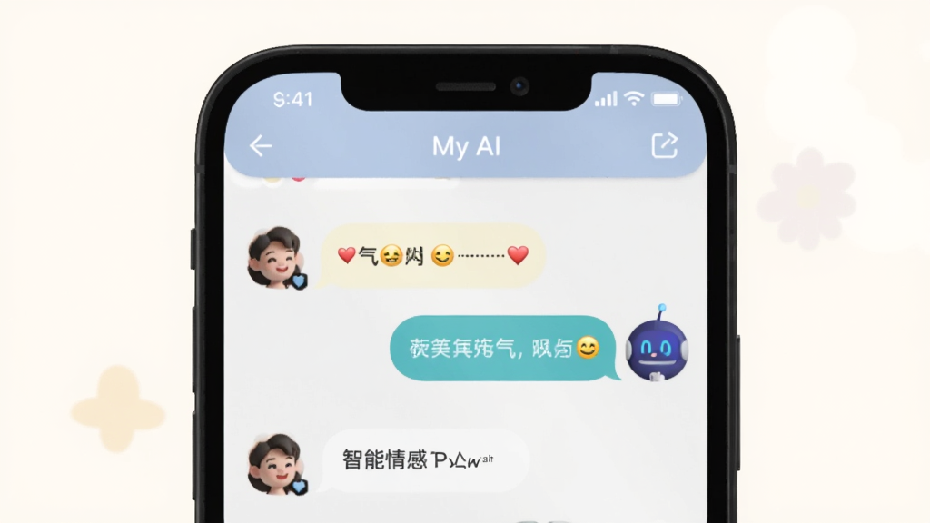 一张展示 My AI 智能情感对话功能的画面,主体是一部手机,屏幕中显示用户与AI角色正在愉快聊天,聊天气泡中带有爱心和笑脸表情,布局居中,风格温馨,细节丰富,画质清晰,干净无多余元素。