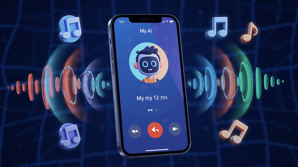 一张展示 My AI 语音互动功能的示意图,画面中一部手机周围环绕着声波和音符图标,屏幕显示语音通话界面,有AI角色头像和通话时长,布局动感,风格活泼,细节精致,画质高清,干净无多余元素。
