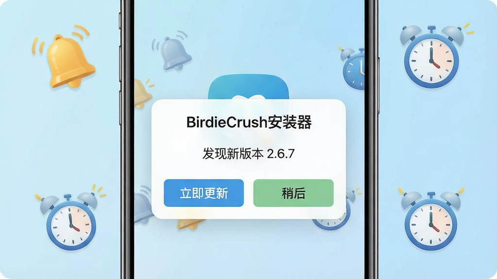 画面展示一个手机界面,界面中显示版本更新提示弹窗,弹窗标题为