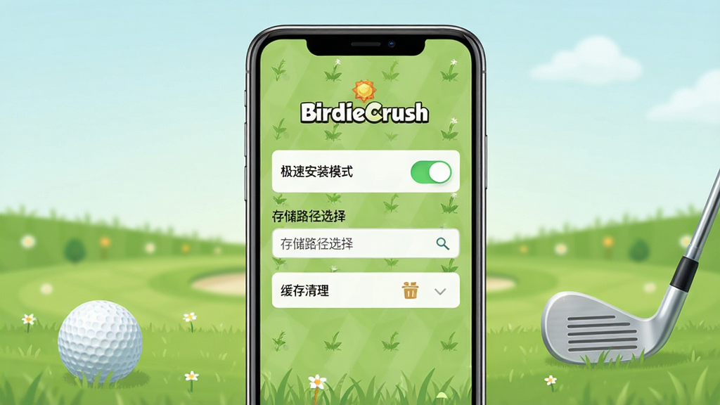 画面展示一部手机屏幕,屏幕上显示BirdieCrush安装器的设置界面,界面中有