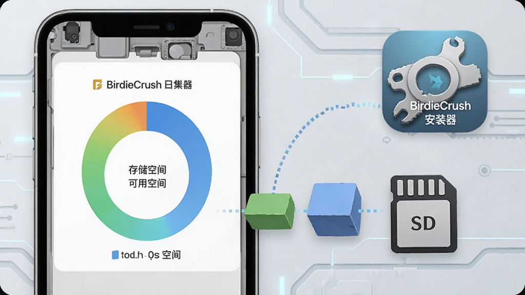 画面展示一部手机内部存储空间的可视化图表,图表中显示已用空间和可用空间,旁边有一个带有