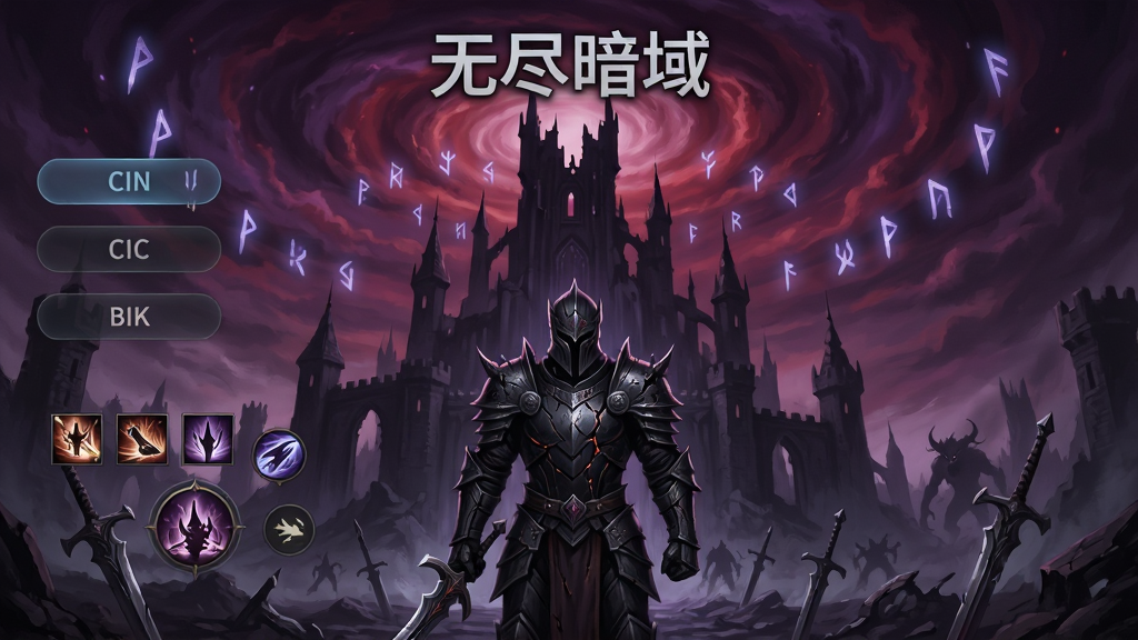 画面主体为一位身穿黑色铠甲的战士站在破碎的暗黑城堡前,背景是紫红色漩涡天空与漂浮的发光符文,布局采用居中构图,战士位于画面下方三分之一处,上方留出大片天空展现暗域氛围,排版上左侧放置半透明的游戏界面按钮与技能图标,风格为暗黑奇幻数字绘画,细节包括铠甲上的裂纹、地面散落的武器碎片、远处若隐若现的怪物剪影,画面中打上文字“无尽暗域”位于顶部居中位置,画质为高清4K,干净,无多余元素
