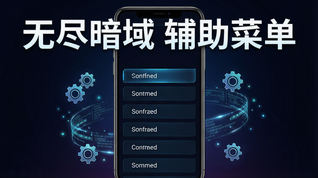 主体是一部智能手机屏幕显示游戏辅助菜单界面,布局为手机竖屏居中放置,背景是深色渐变,排版上菜单选项以列表形式排列在屏幕中央,风格为科技感UI展示图,细节包括屏幕周围漂浮的齿轮图标与数据流光效,画面中打上文字“无尽暗域 辅助菜单”位于屏幕上方,画质为高清,干净,无多余元素