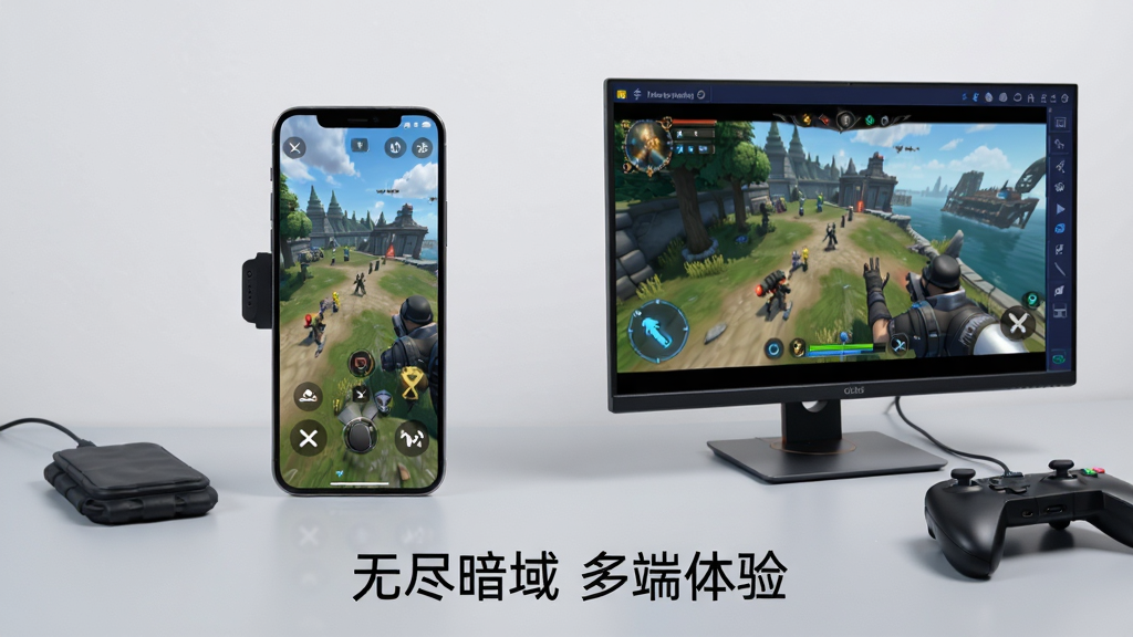 主体是一部手机与一台电脑并排显示同一款游戏画面,布局为左右对比构图,背景是简洁的浅灰色桌面,排版上手机屏幕展示竖屏操作界面、电脑屏幕展示模拟器横屏界面,风格为产品展示图,细节包括手机旁放置散热背夹、电脑旁放置手柄,画面中打上文字“无尽暗域 多端体验”位于画面底部居中,画质为高清,干净,无多余元素