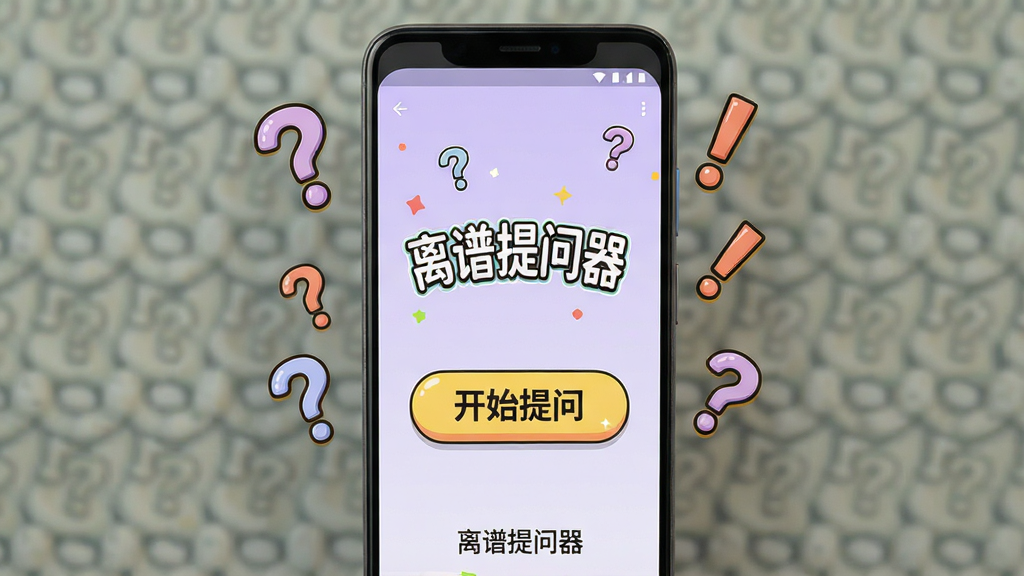 一张展示离谱提问器手机应用界面的图片,画面中央是一部竖屏安卓手机,屏幕上显示离谱提问器主界面,包含