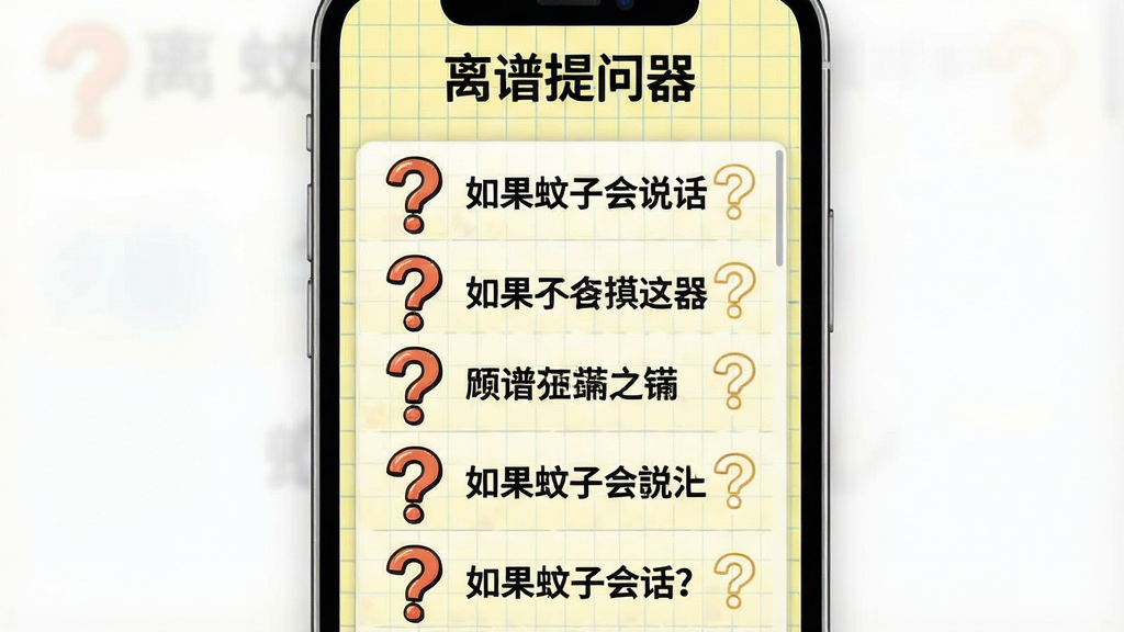 一张展示离谱提问器题库界面的图片,画面主体是手机屏幕内滚动的题目列表,每道题都带有夸张的问号图标,题目文字清晰可见如