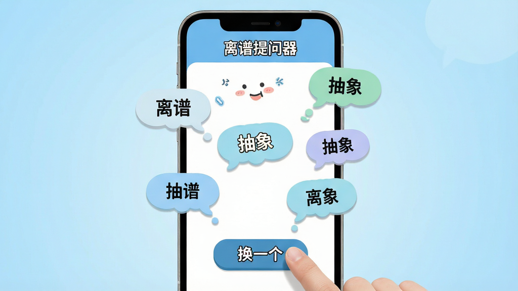 一张展示离谱提问器答案生成界面的图片,手机屏幕中显示一道问题和多个漂浮的答案气泡,气泡内有