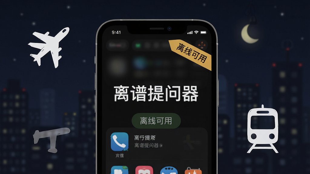 一张展示离谱提问器离线模式的图片,手机屏幕显示主界面并带有