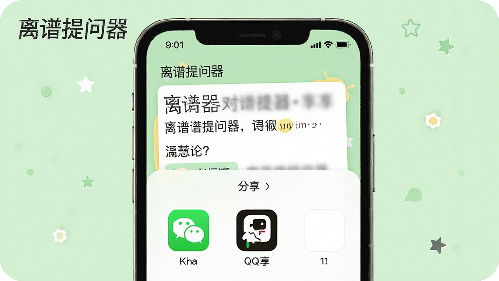 一张展示离谱提问器分享功能的图片,手机屏幕显示分享面板,包含微信、QQ等图标,屏幕上方是离谱提问器的离谱问答内容,背景为浅绿色清新风格,画面中有