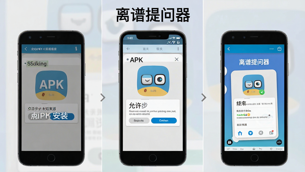 一张展示离谱提问器安装步骤的图片,画面为手机屏幕截图风格,分三步展示:第一步点击APK安装,第二步允许未知来源,第三步打开软件主界面,屏幕上方有