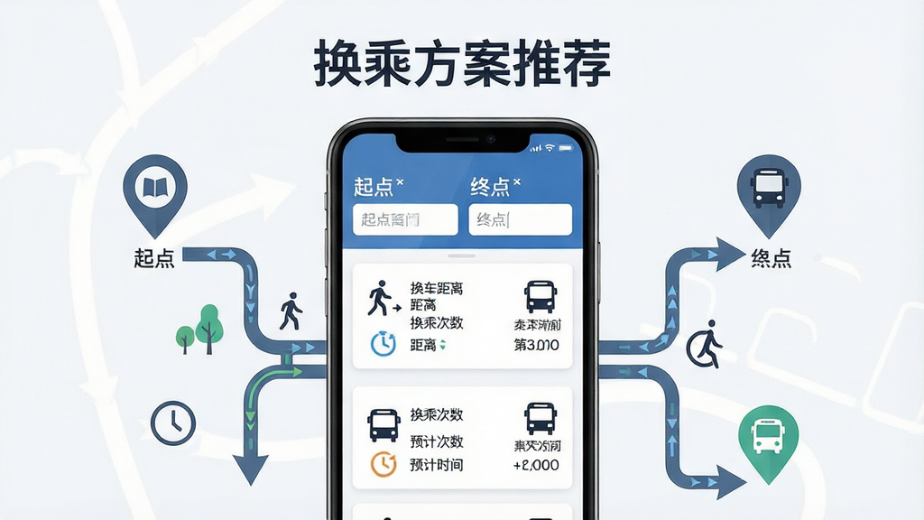 一张展示“坐车乘公交”换乘方案推荐功能的示意图,画面主体是手机屏幕,屏幕中显示起点和终点输入框,下方列出两条换乘路线方案,每条方案包含步行距离、换乘次数、预计时间等图标和文字,手机周围有起点终点标记和路线箭头元素,布局为手机居中,上方文字“换乘方案推荐”,排版清晰,风格为简约商务插画,细节包括路线分叉、时间图标、步行小人、公交图标,画质高清,画面干净,无多余元素