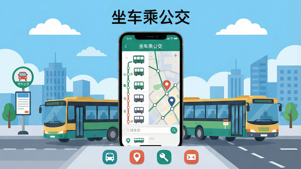 一张展示城市公交出行场景的应用界面概念图,画面主体是一部智能手机,屏幕中显示“坐车乘公交”应用的主界面,包含公交线路列表、站点地图标记和搜索框,手机周围环绕公交车、站牌、城市道路等元素,布局为居中构图,手机位于画面正中央,上方是应用名称文字“坐车乘公交”,下方是功能图标排列,排版清晰有层次,风格为扁平化插画风,细节包括公交车轮廓、路线连线、站点圆点、蓝天白云背景,画质高清,画面干净,无多余元素
