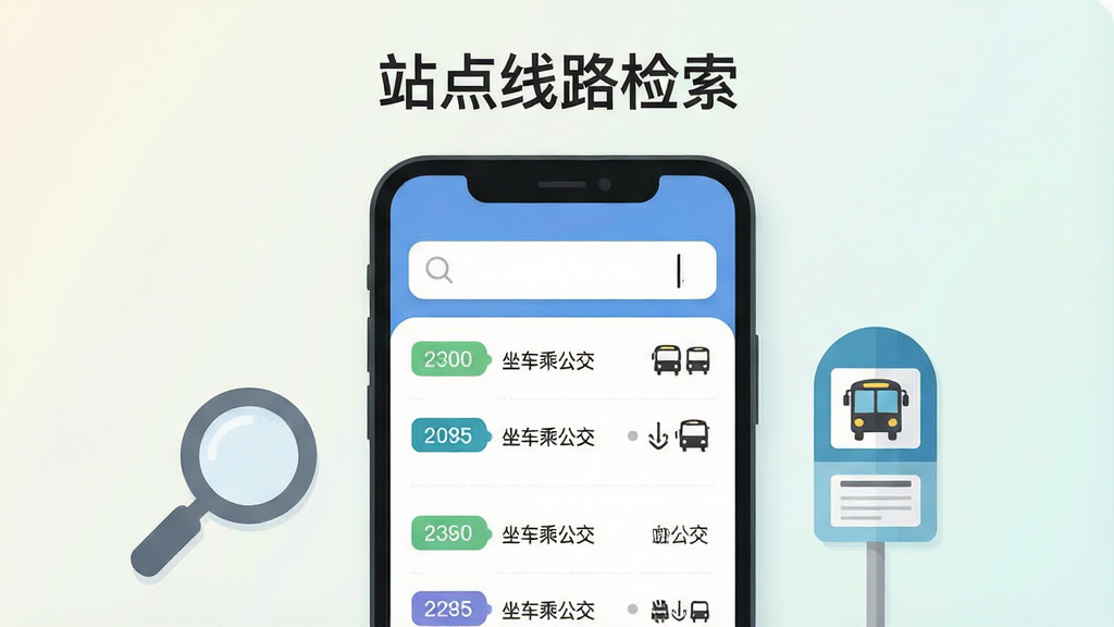 一张展示“坐车乘公交”站点线路检索功能的界面图,画面主体是手机屏幕,屏幕中显示搜索框和线路列表,搜索框内有光标闪烁,下方排列多条公交线路及站点名称,手机旁边有放大镜图标和公交站牌元素,布局为手机居中,上方文字“站点线路检索”,排版整齐,风格为清新扁平化设计,细节包括搜索框圆角、线路编号标签、站点小圆点、背景浅色渐变,画质高清,画面干净,无多余元素