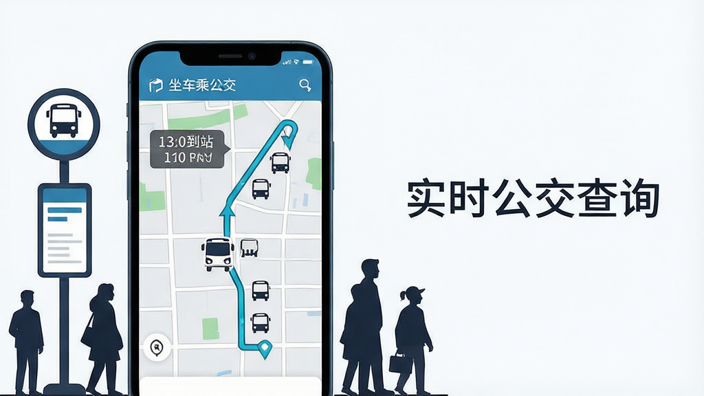 一张展示“坐车乘公交”实时公交查询功能的场景图,画面主体是手机屏幕特写,屏幕中显示一条公交线路的实时位置地图,上面有公交车图标沿路线移动,旁边标注预计到站时间,手机周围有公交站牌和等待的人群剪影,布局为手机居中偏左,右侧空白处放置文字“实时公交查询”,排版简洁,风格为现代科技感插画,细节包括地图网格线、路线高亮、时间数字、公交站图标,画质高清,画面干净,无多余元素