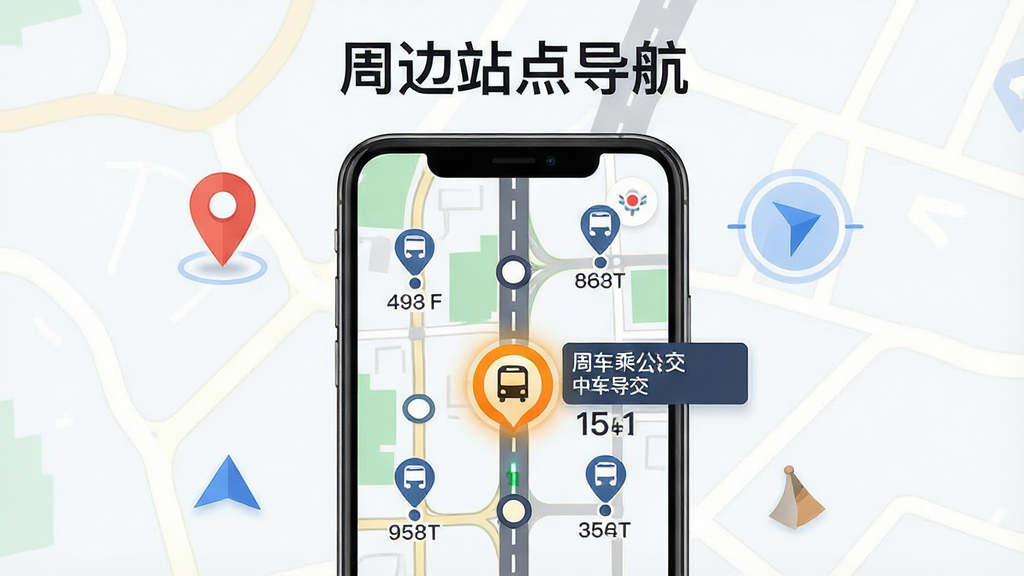 一张展示“坐车乘公交”周边站点导航功能的场景图,画面主体是手机屏幕,屏幕中显示地图界面,地图上有多个公交站点标记,其中一个高亮显示为当前位置,站点旁边标注距离和线路信息,手机周围有定位图标和方向箭头元素,布局为手机居中,上方文字“周边站点导航”,排版直观,风格为现代地图插画风,细节包括地图道路、站点圆点、距离数字、定位光圈,画质高清,画面干净,无多余元素