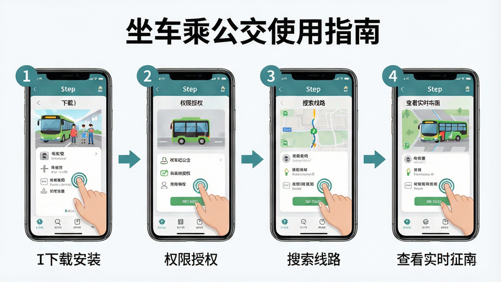 一张展示“坐车乘公交”使用教程的步骤示意图,画面主体是手机屏幕操作流程,从左到右依次显示下载安装、权限授权、搜索线路、查看实时公交四个步骤,每个步骤用手机屏幕截图风格展示,下方配有简短文字说明,布局为横向排列四格,上方标题“坐车乘公交使用指南”,排版清晰有序,风格为教程图解风,细节包括步骤序号、箭头连接、手机边框、操作手势图标,画质高清,画面干净,无多余元素