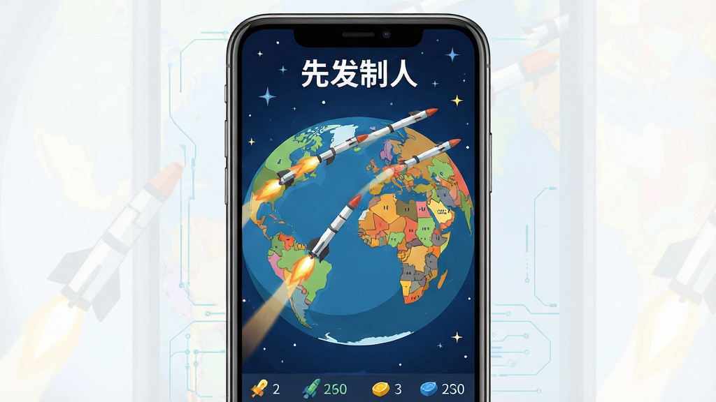画面中央是一部智能手机竖屏展示,屏幕上呈现先发制人游戏主界面,地球仪上分布着多个国家领土与导弹发射轨迹,背景为深蓝色太空与星星点缀,布局采用居中构图手机占据画面主体,排版简洁突出屏幕内容,风格为科技感扁平插画,细节包括导弹尾焰、国家边界线、资源数值图标,画质高清干净无多余元素,图片中文字为“先发制人”