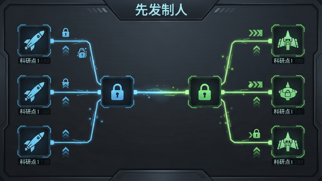 画面展示科技树界面,左侧为导弹图标分支,右侧为防御系统分支,中间连接线发光,背景为深灰色金属质感面板,布局采用左右对称结构,风格为未来科技感UI设计,细节包括解锁锁头图标、科研点数数字、升级箭头,画质高清干净无杂乱元素,图片中文字为“先发制人”