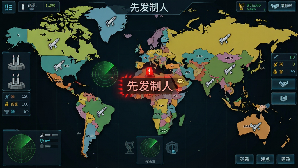 俯视角度展示世界地图被划分为多个彩色区域,每个区域标注国家名称与导弹图标,画面中央有红色预警信号闪烁,周围环绕资源数值面板与建造按钮,风格为深色科技风策略游戏界面,细节包括导弹发射井图标、雷达扫描线、联盟握手符号,画质清晰干净无多余装饰,图片中文字为“先发制人”