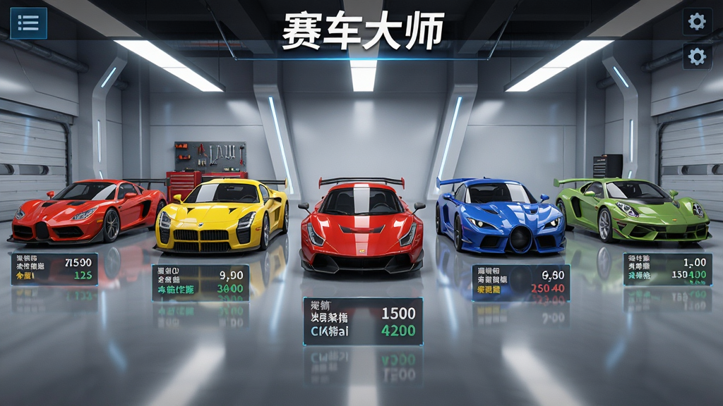 赛车大师车库界面展示,画面中整齐排列五辆不同颜色与型号的跑车,每辆车前方有性能数值面板,背景为现代化车库环境,顶部写有
