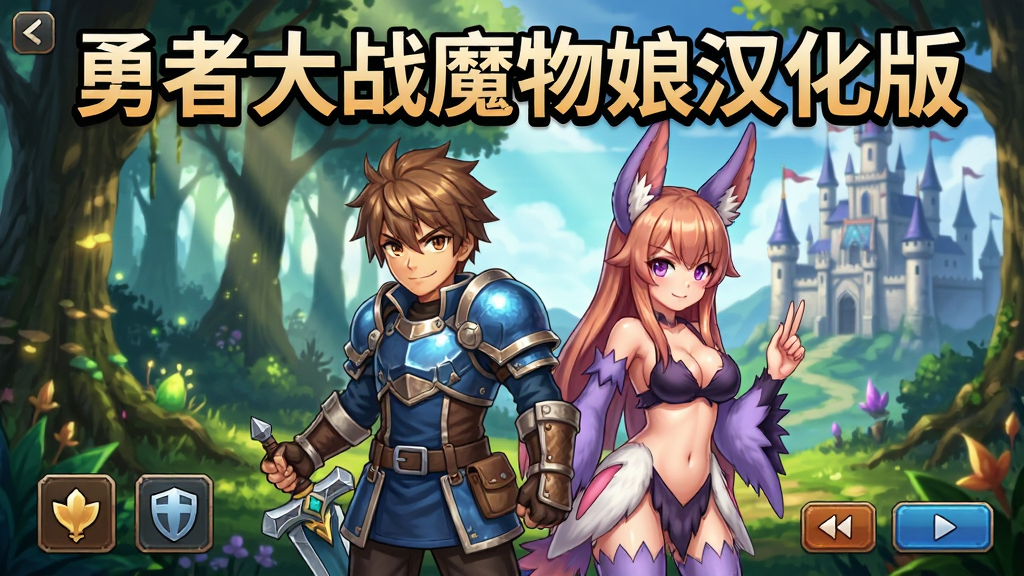 勇者大战魔物娘汉化版游戏主界面预览图,画面中央是勇者主角与魔物娘角色并肩站立,背景为奇幻森林与城堡远景,布局采用横版构图,排版突出游戏标题“勇者大战魔物娘汉化版”在画面上方,风格为日系二次元RPG游戏宣传图,细节包含角色装备纹理、森林光影效果、UI按钮图标,画质高清干净无多余元素