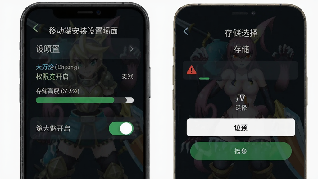 勇者大战魔物娘汉化版移动端安装设置界面示意图,画面展示手机权限开启与存储选择步骤,布局为竖版手机屏幕截图风格,排版包含设置选项与提示文字,风格为科技教程类插图,细节包含开关按钮、存储条、警告图标,画质高清干净无多余元素