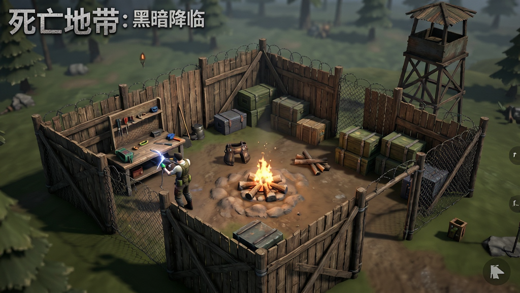 末日生存游戏基地建造界面图,画面展示一个由木板与铁丝网围成的营地,内有工作台、篝火与储物箱,主体为营地全景,布局采用俯视四十五度视角,排版为方形构图,风格为写实生存游戏UI风格,细节包括角色正在焊接装备、远处望塔、堆放的物资箱,画质清晰,干净整洁,无多余装饰,画面中可加入文字