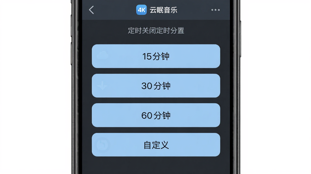 云眠音乐APP定时设置界面,手机屏幕内显示定时关闭选项列表,包括15分钟、30分钟、60分钟和自定义按钮,界面配色为深灰与浅蓝,布局居中,风格简洁实用,细节清晰,4K画质,干净无多余元素