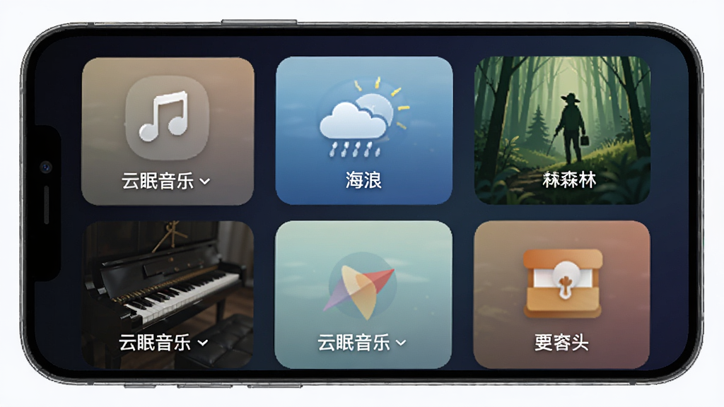 云眠音乐APP曲库分类页面,手机屏幕内展示多个音频分类卡片,包括雨声、海浪、森林、钢琴曲等,每个卡片配有对应图标和中文标签“云眠音乐”,背景为深色渐变,布局整齐,风格现代简约,细节清晰,4K画质,干净无多余元素