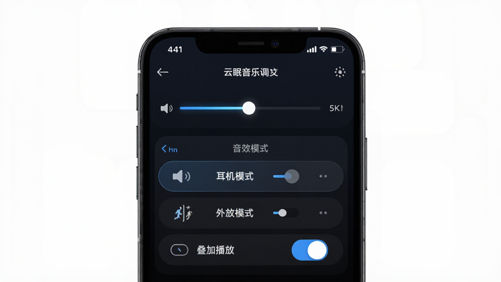 云眠音乐APP音效调节界面,手机屏幕内显示音量滑块和音效模式选项,包括耳机模式、外放模式、叠加播放开关,背景为深色,布局对称,风格科技感,细节清晰,4K画质,干净无多余元素