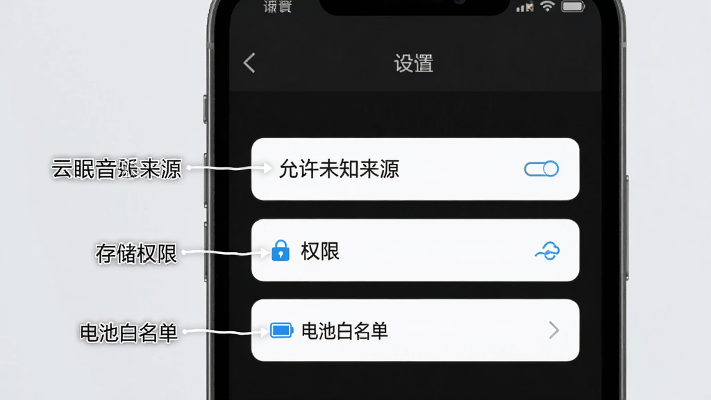 云眠音乐APP问题解决示意图,手机屏幕显示设置界面,标注“允许未知来源”“存储权限”“电池白名单”三个关键选项,背景为浅灰色,布局清晰,风格教程类,细节明确,4K画质,干净无多余元素